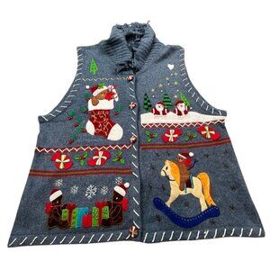 Vintage Christmas Sweater Vest Women XL Holiday Embroidered Novelty Shawl Collar